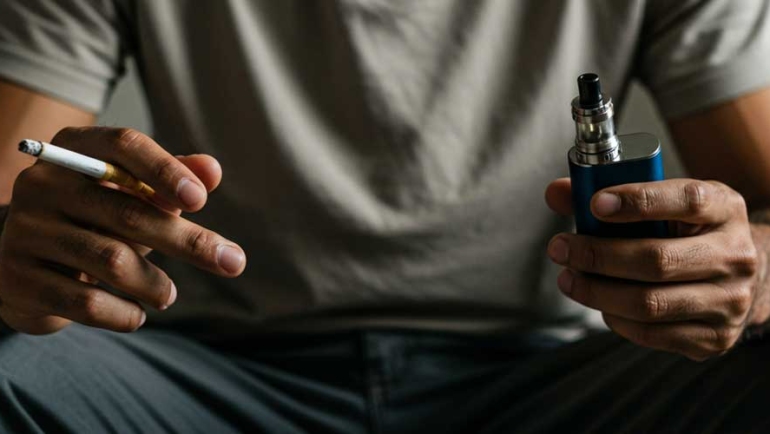 Man holding a vape and a cigarette