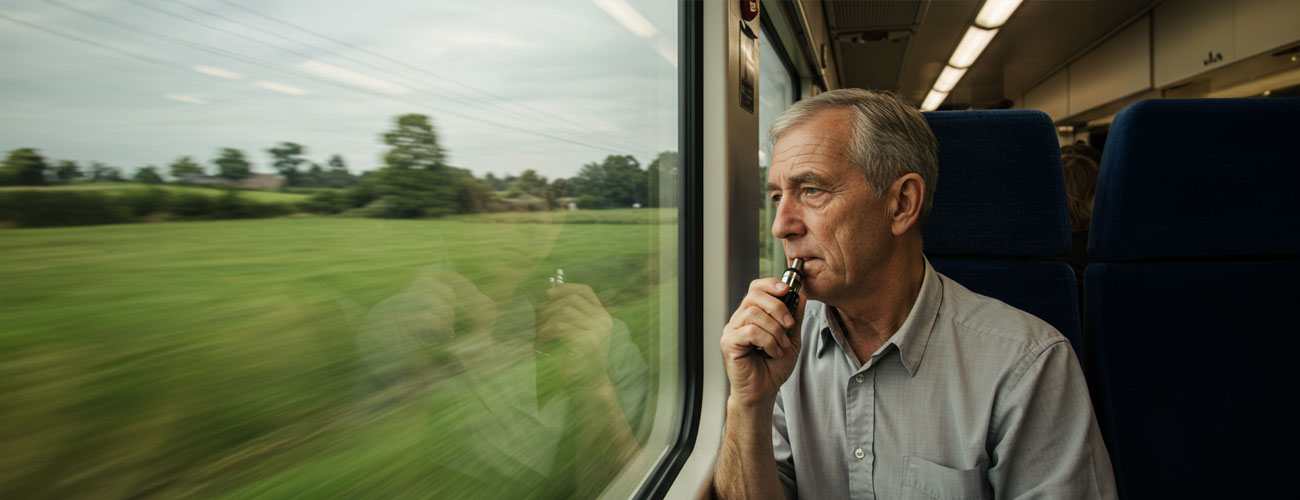 Old man vaping on a train