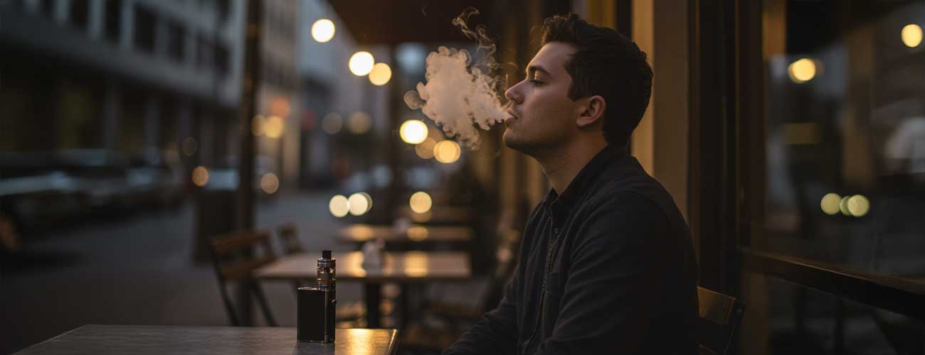 Man sits outside a cafe vaping