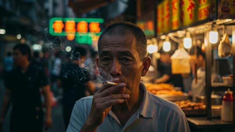 Old Man smoking in Hong Kong