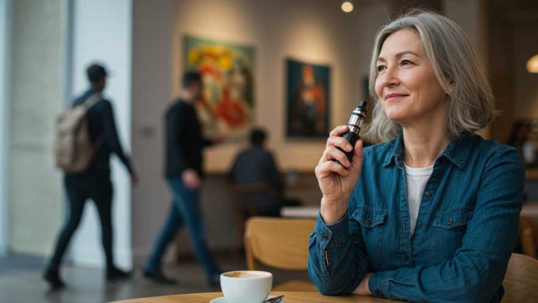 Lady vaping in a modern cafe
