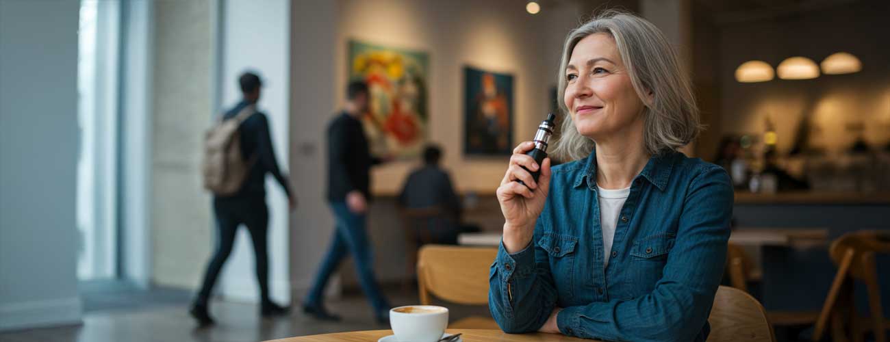 Lady vaping in a modern cafe
