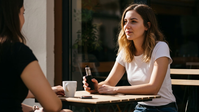 Young adult vaping outside a cafe