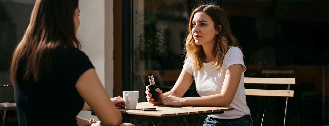 Young adult vaping outside a cafe