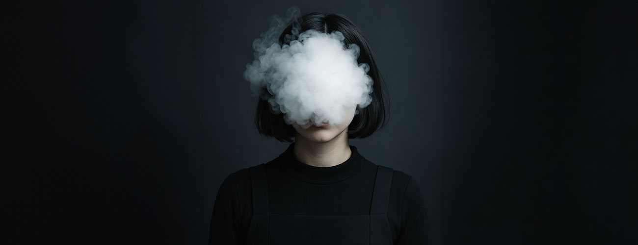 Smoke in front of face of lady