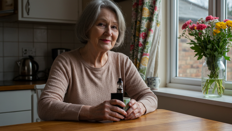 Older british lady sat at a table with her vape