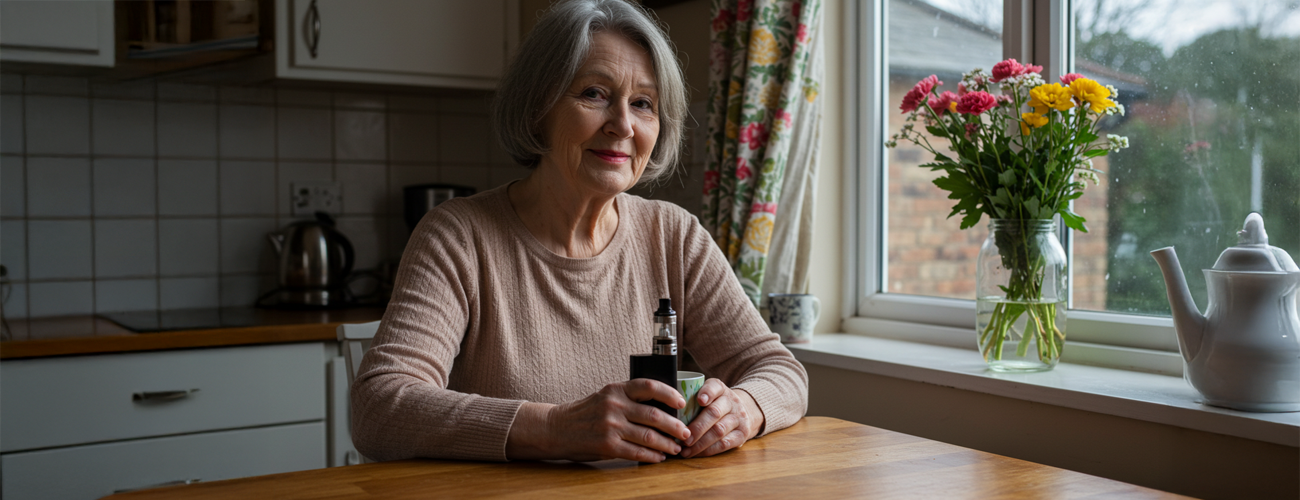 Older british lady sat at a table with her vape