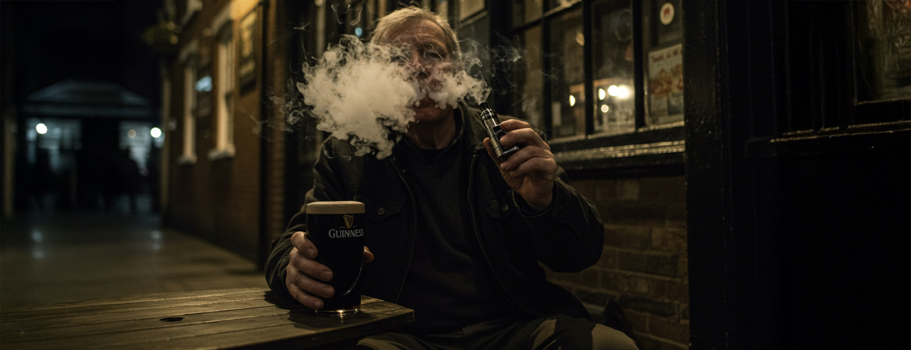 An older man drinking Guinness and vaping