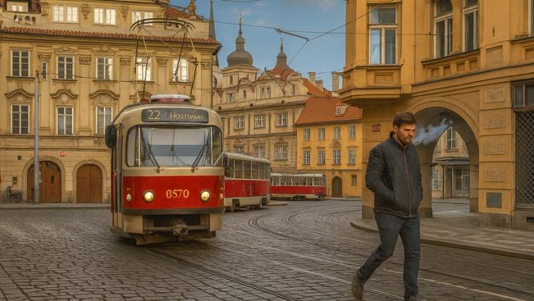 Czech man smoking crossing road