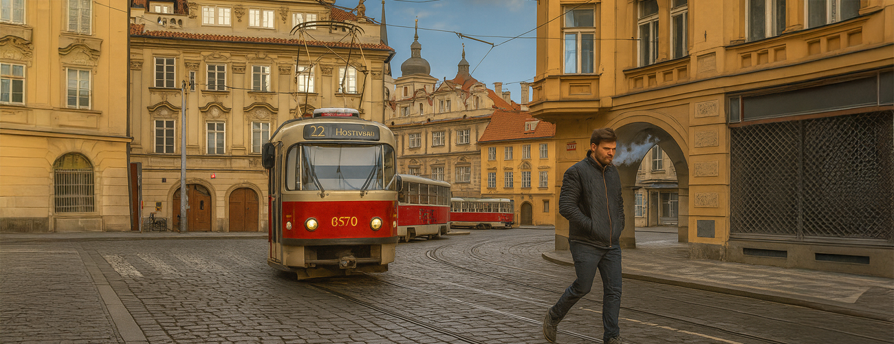 Czech man smoking crossing road