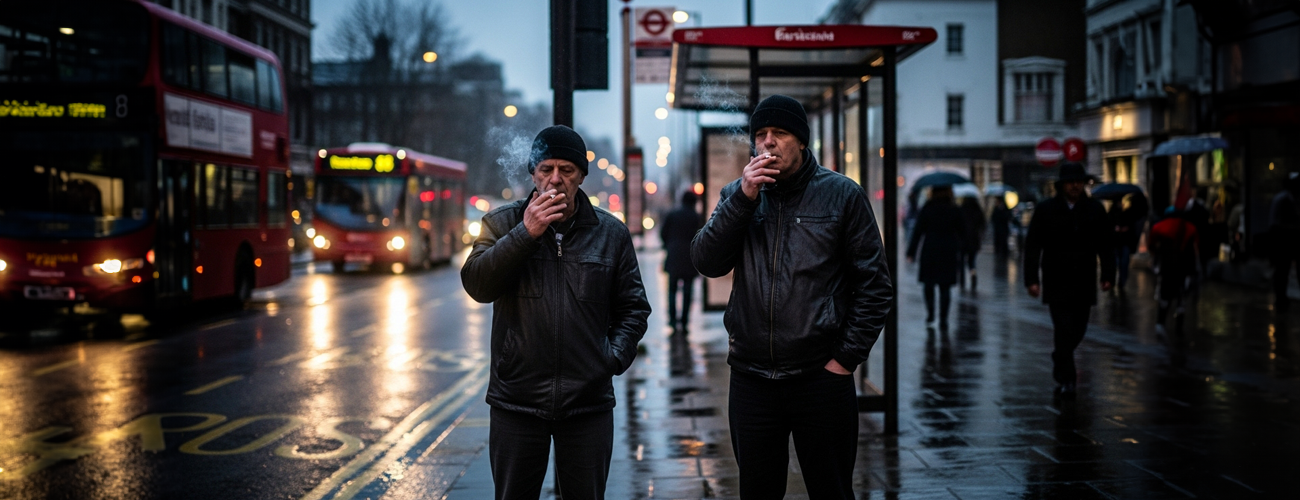 smoking brits at a bus stop