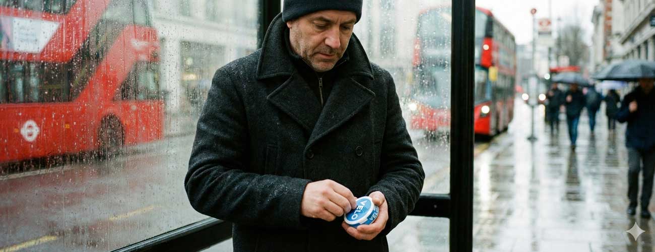 Nic pouch guy in bus stop